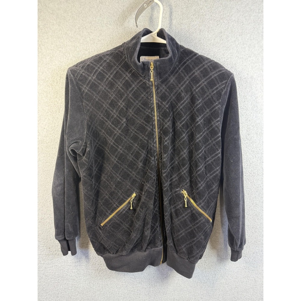 Ultrasport Jacket Womens P/S Black Plaid Velour Zip Bomber Vintage USA